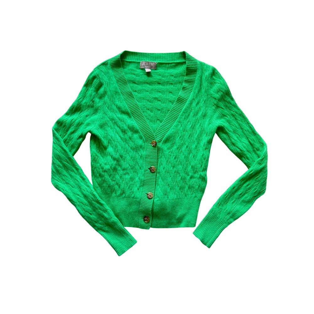J. Crew Cashmere Shrunken V Neck Cable Knit Cardigan XS Green